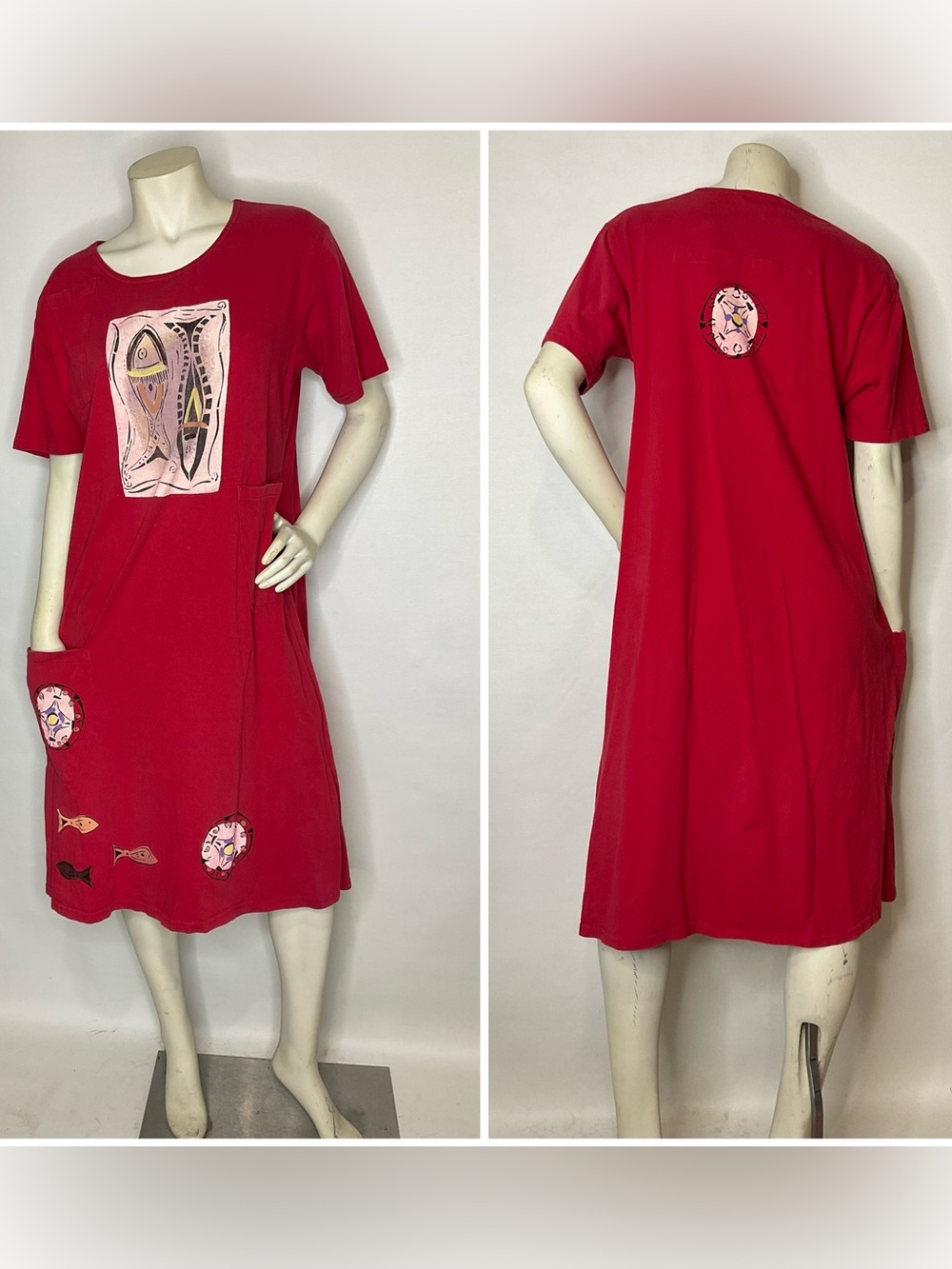 Crazy Fish Handpainted Cotton Maxi Shirt Dress Size Large OS